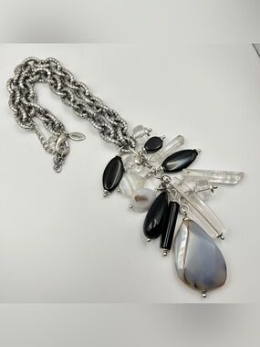 Chico's Silver Tone Chunky Black Charms Clear Crystal Statement Necklace